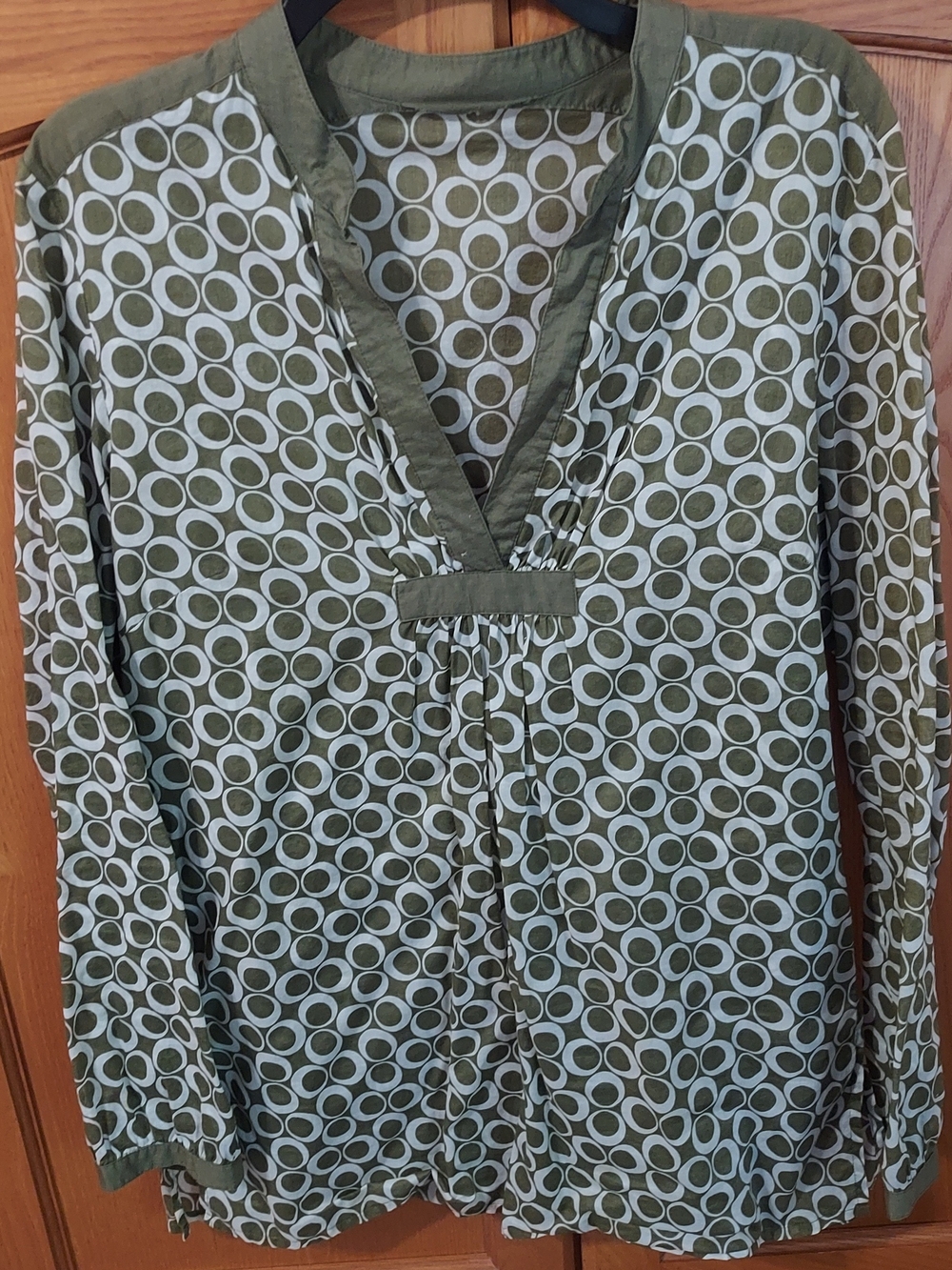 Michael Kors LS Olive Green Geometric Pattern V-Neckline Blouse, large